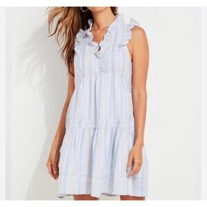 Vineyard Vines Tiered Ruffled Linen V-neck Blue Striped Dress Size M